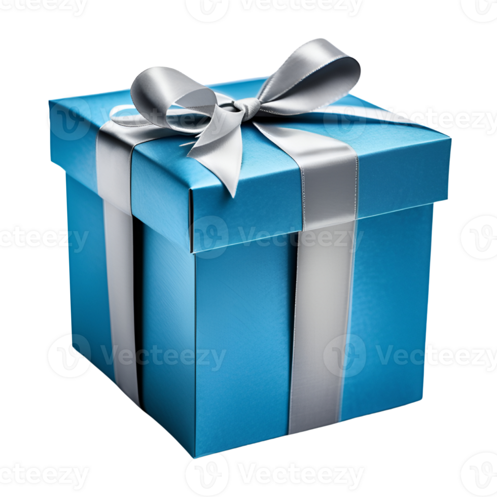 Blue Gift Box with Grey Ribbon Bow. AI Generative png