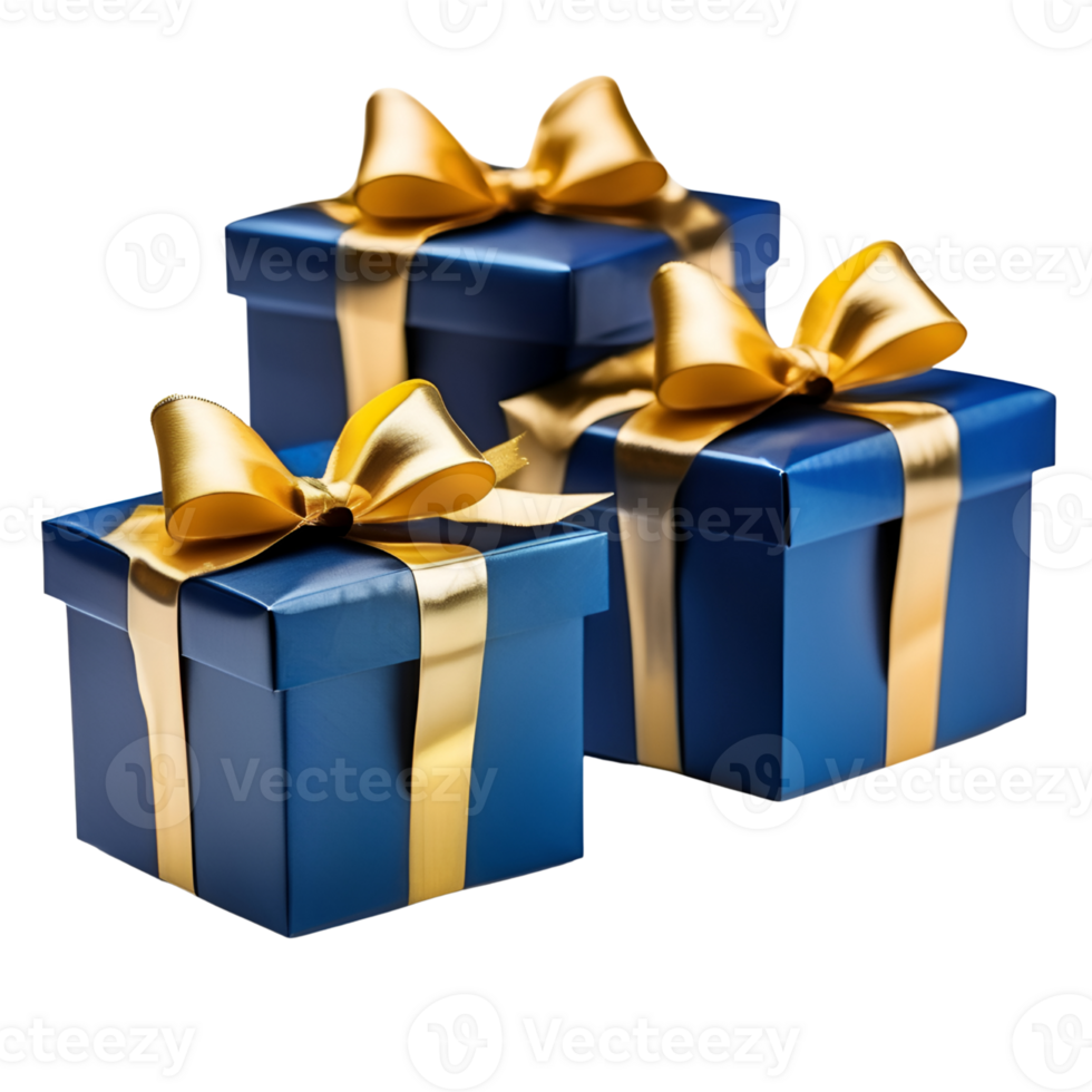 Three Blue Gift Boxes with Gold Ribbon Bows. AI Generative png