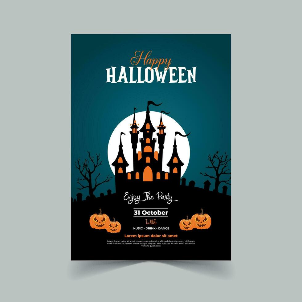 Halloween Party Invitation with Horror House Full Moon Party Trick or Treat Flyer Template Vector Illustration for Fun Halloween Party Invitation Card Free Vector