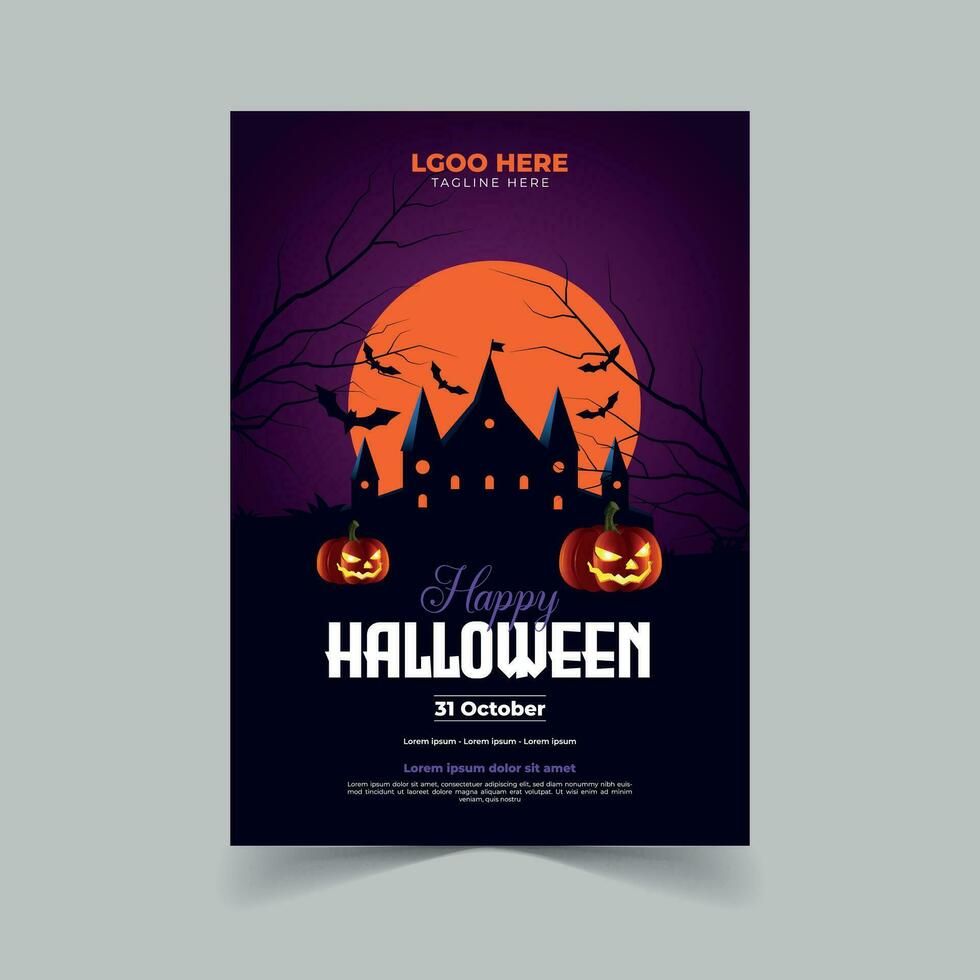 Halloween Party Invitation with Horror House Full Moon Party Trick or Treat Flyer Template Vector Illustration for Fun Halloween Party Invitation Card Pro Vector