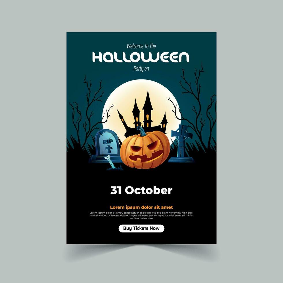 Halloween Party Invitation with Horror House Full Moon Party Trick or Treat Flyer Template Vector Illustration for Fun Halloween Party Invitation Card Free Vector