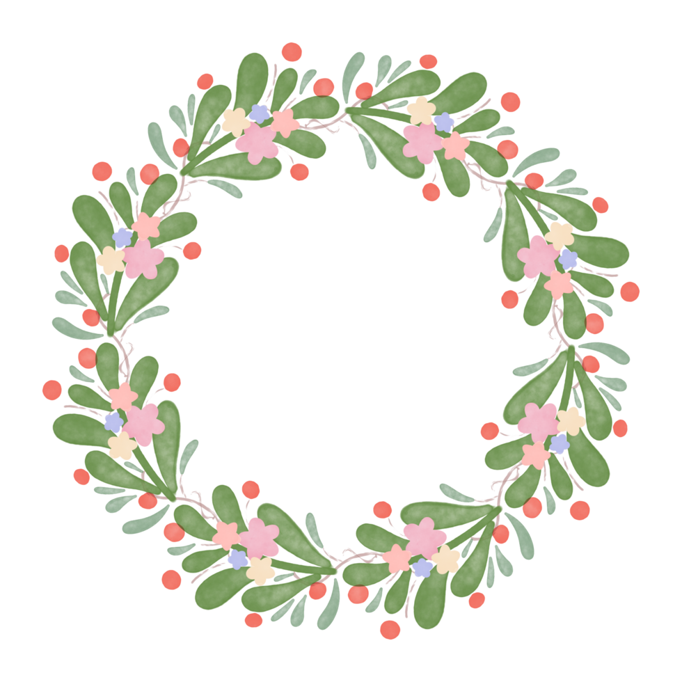A lush and colorful wreath of flowers and leaves is digitally painted in a watercolor style. The wreath is made up of a variety of flowers png