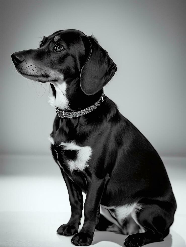 contento perro tejonero perro negro y blanco monocromo foto en estudio Encendiendo