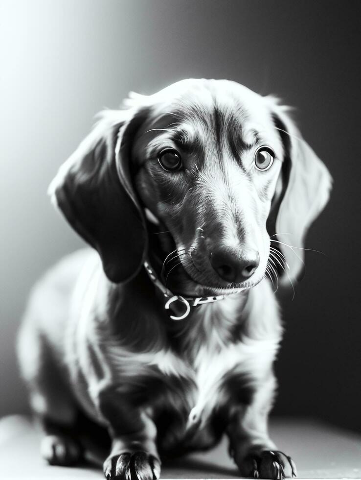 Happy Dachshund Dog Black and White Monochrome Photo in Studio Lighting