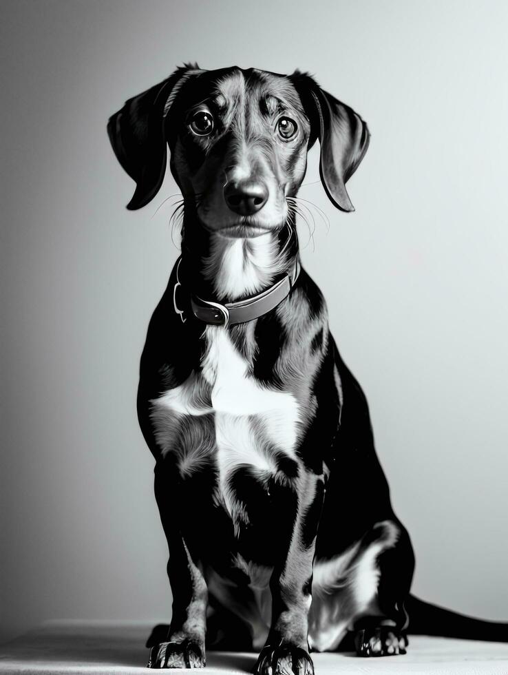 Happy Dachshund Dog Black and White Monochrome Photo in Studio Lighting