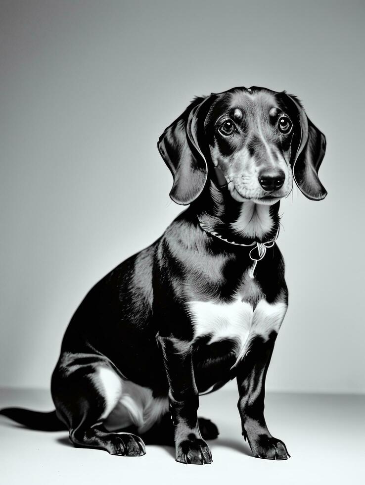 Happy Dachshund Dog Black and White Monochrome Photo in Studio Lighting