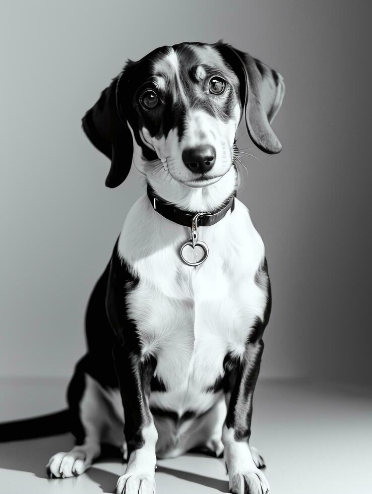 contento perro tejonero perro negro y blanco monocromo foto en estudio Encendiendo