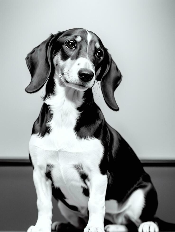 Happy Dachshund Dog Black and White Monochrome Photo in Studio Lighting