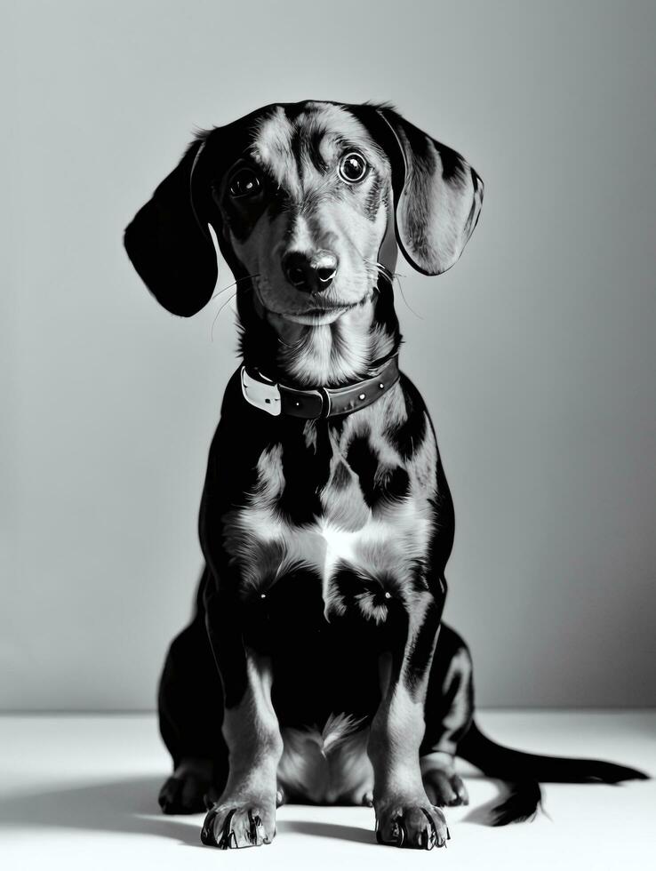 Happy Dachshund Dog Black and White Monochrome Photo in Studio Lighting