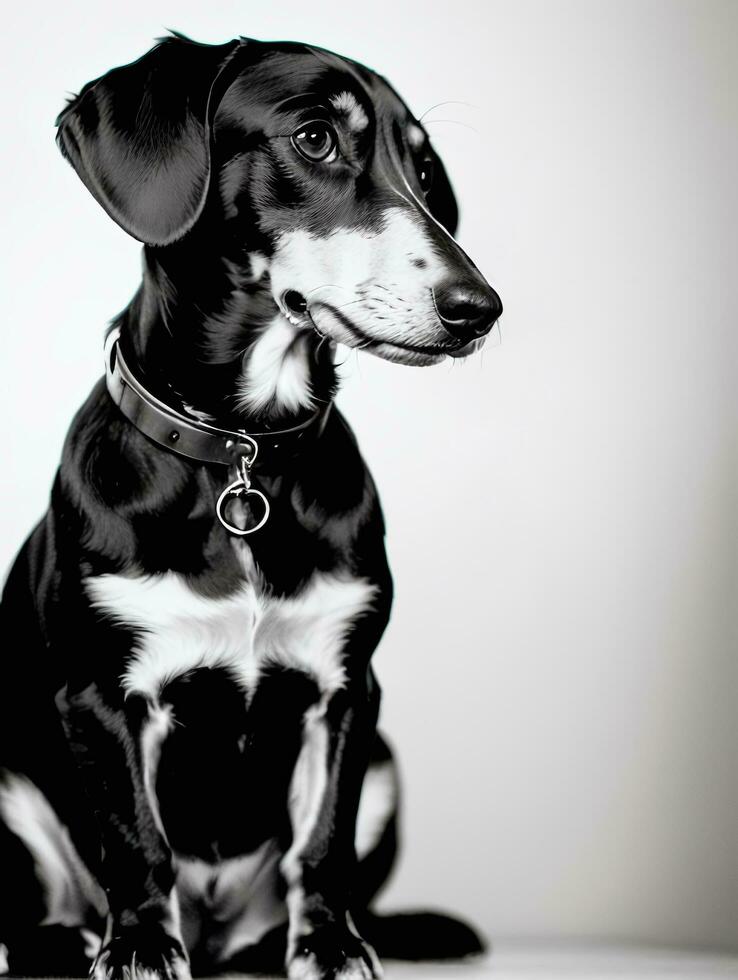 Happy Dachshund Dog Black and White Monochrome Photo in Studio Lighting