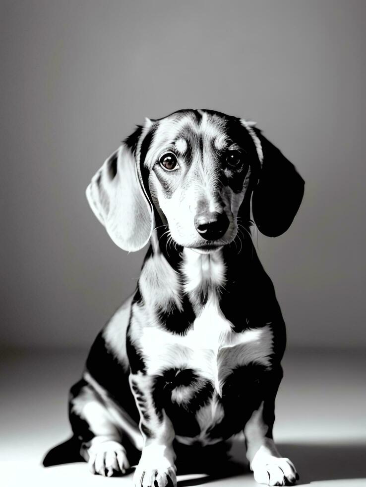 Happy Dachshund Dog Black and White Monochrome Photo in Studio Lighting