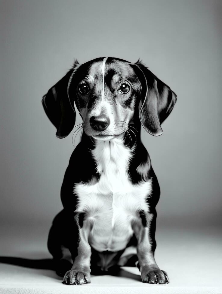 Happy Dachshund Dog Black and White Monochrome Photo in Studio Lighting