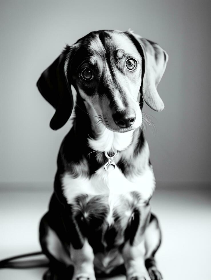 Happy Dachshund Dog Black and White Monochrome Photo in Studio Lighting