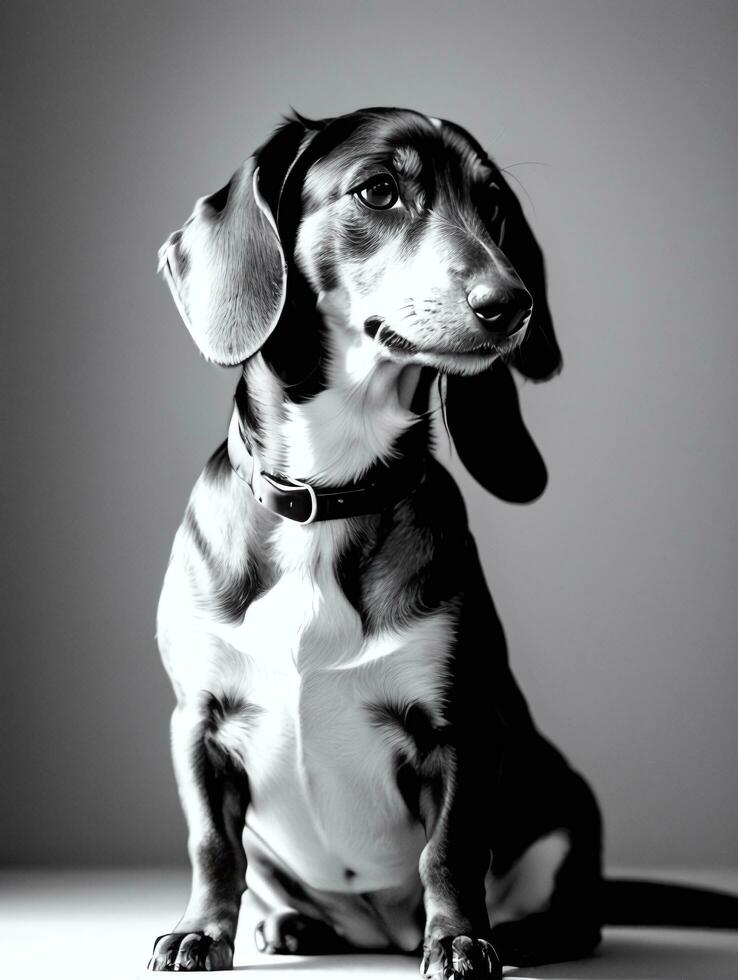 Happy Dachshund Dog Black and White Monochrome Photo in Studio Lighting