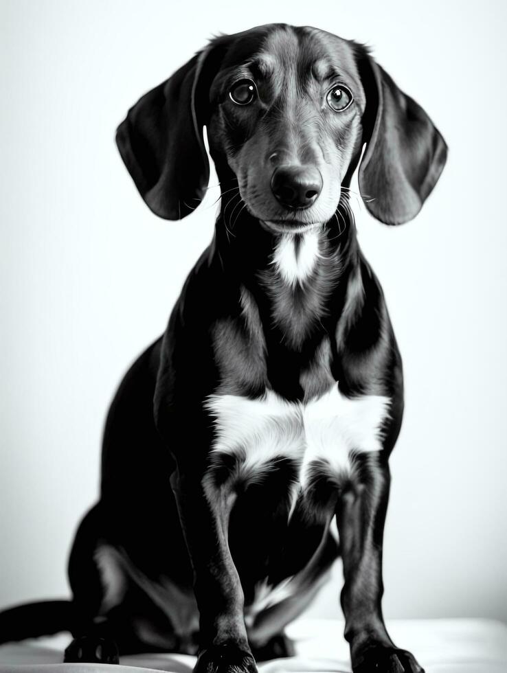 Happy Dachshund Dog Black and White Monochrome Photo in Studio Lighting