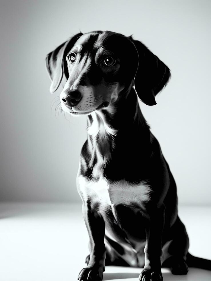 Happy Dachshund Dog Black and White Monochrome Photo in Studio Lighting