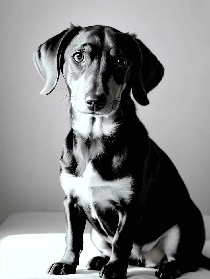 Happy Dachshund Dog Black and White Monochrome Photo in Studio Lighting