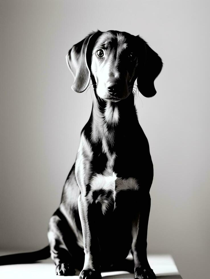 Happy Dachshund Dog Black and White Monochrome Photo in Studio Lighting