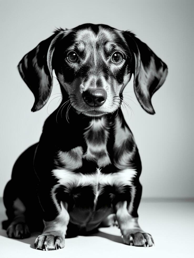 Happy Dachshund Dog Black and White Monochrome Photo in Studio Lighting