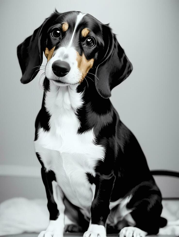 Happy Dachshund Dog Black and White Monochrome Photo in Studio Lighting