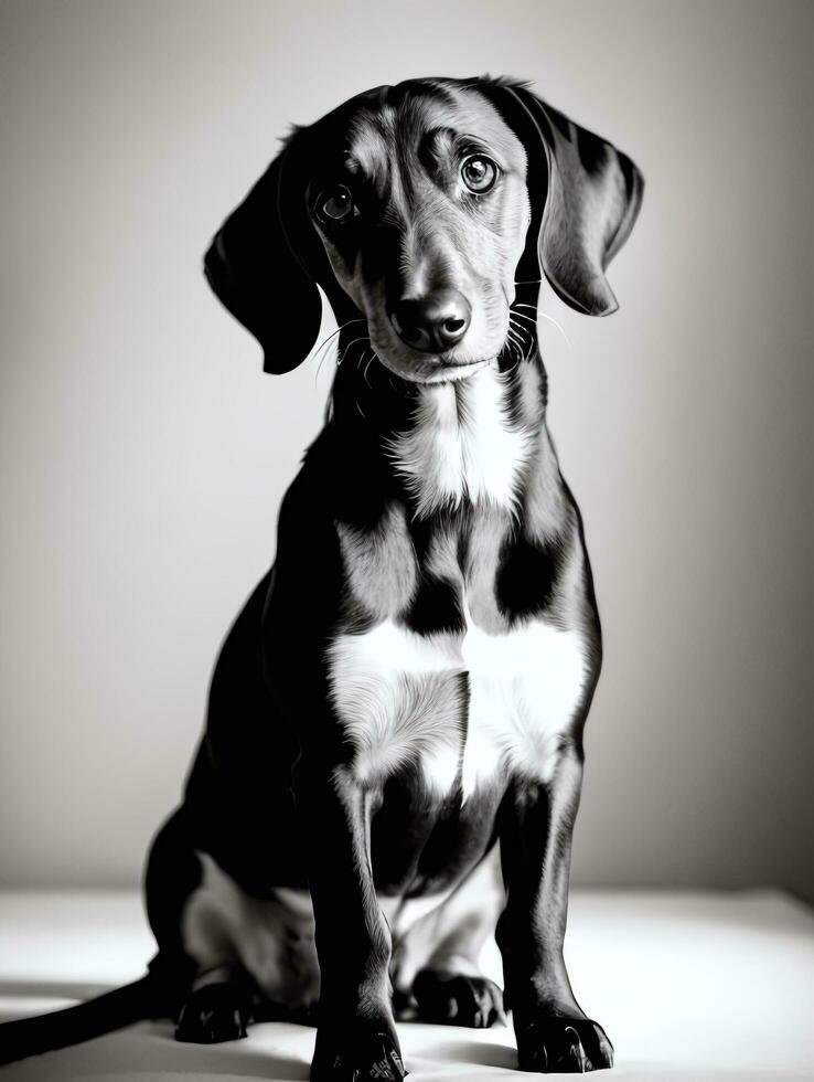 Happy Dachshund Dog Black and White Monochrome Photo in Studio Lighting