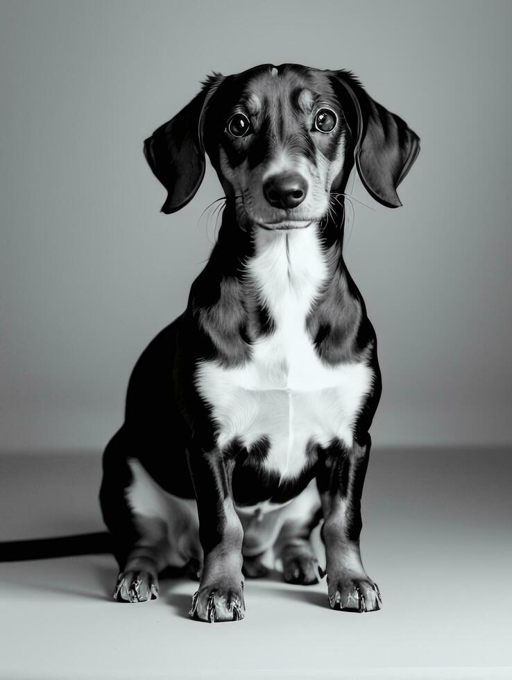 Happy Dachshund Dog Black and White Monochrome Photo in Studio Lighting