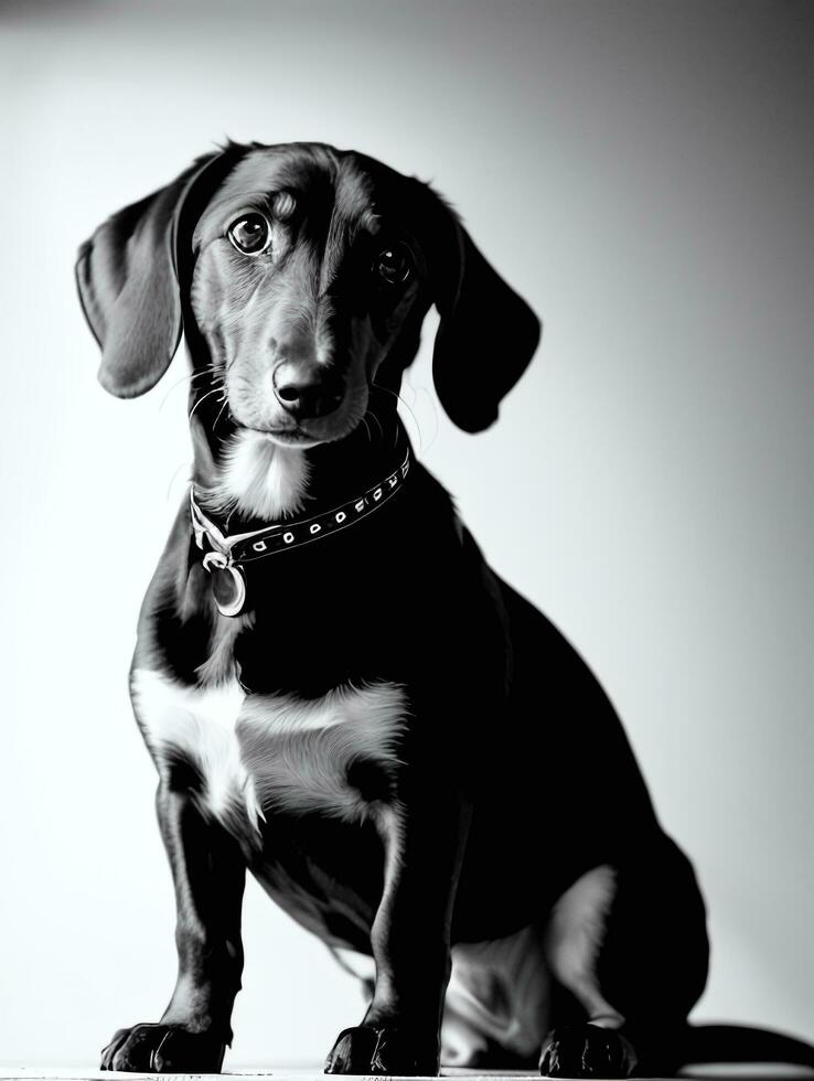 Happy Dachshund Dog Black and White Monochrome Photo in Studio Lighting