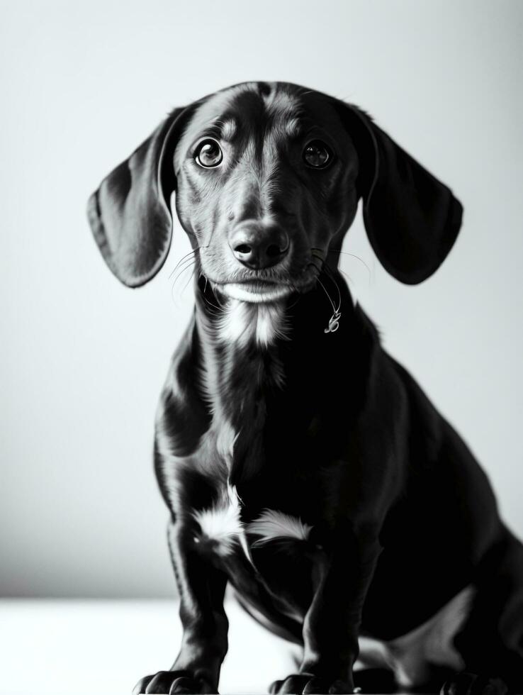 Happy Dachshund Dog Black and White Monochrome Photo in Studio Lighting