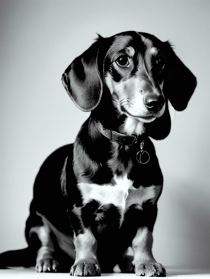 Happy Dachshund Dog Black and White Monochrome Photo in Studio Lighting