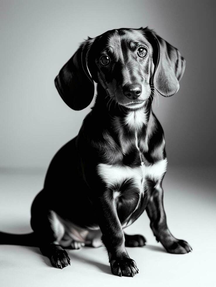 Happy Dachshund Dog Black and White Monochrome Photo in Studio Lighting