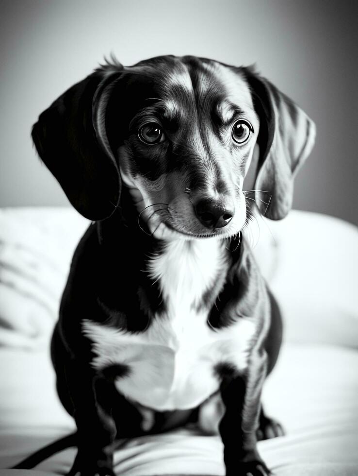 Happy Dachshund Dog Black and White Monochrome Photo in Studio Lighting