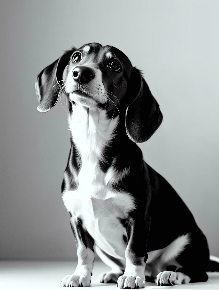 Happy Dachshund Dog Black and White Monochrome Photo in Studio Lighting