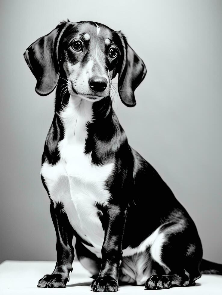 Happy Dachshund Dog Black and White Monochrome Photo in Studio Lighting