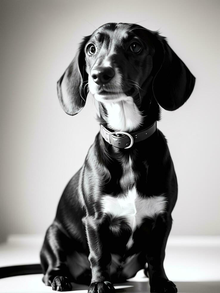 Happy Dachshund Dog Black and White Monochrome Photo in Studio Lighting