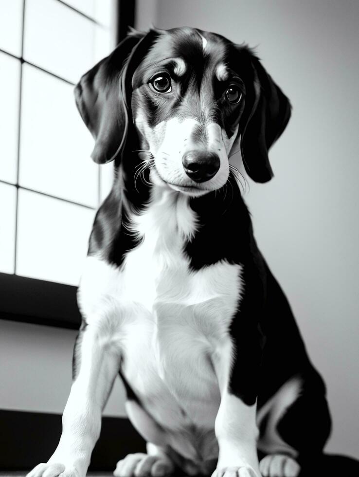 Happy Dachshund Dog Black and White Monochrome Photo in Studio Lighting