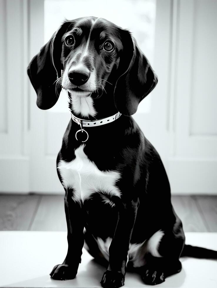 Happy Dachshund Dog Black and White Monochrome Photo in Studio Lighting