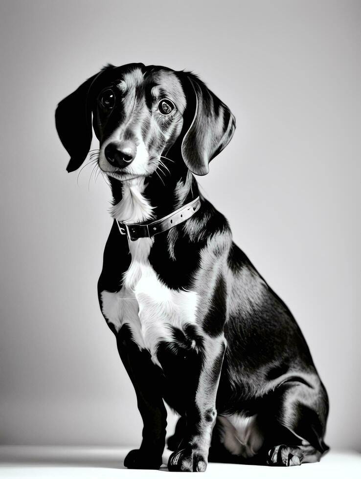 Happy Dachshund Dog Black and White Monochrome Photo in Studio Lighting