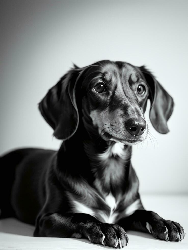 contento perro tejonero perro negro y blanco monocromo foto en estudio Encendiendo