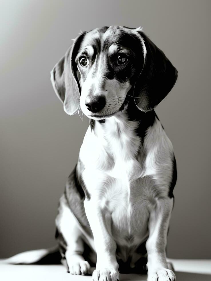 Happy Dachshund Dog Black and White Monochrome Photo in Studio Lighting