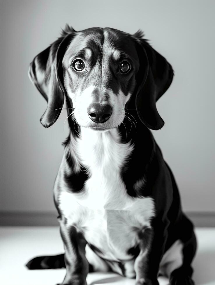 Happy Dachshund Dog Black and White Monochrome Photo in Studio Lighting