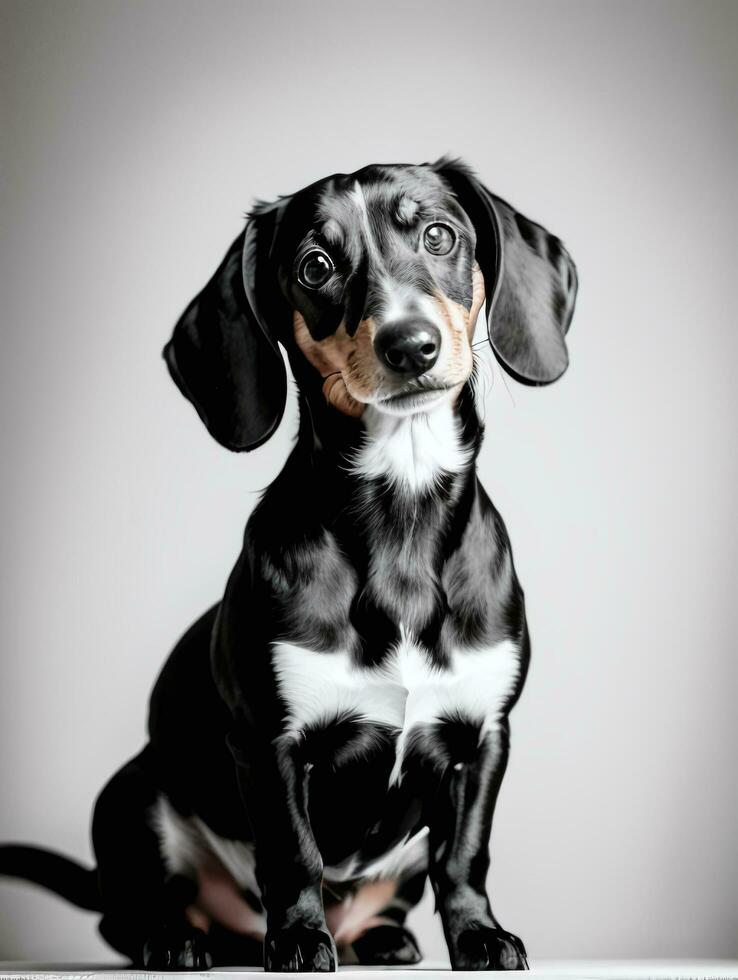 Happy Dachshund Dog Black and White Monochrome Photo in Studio Lighting