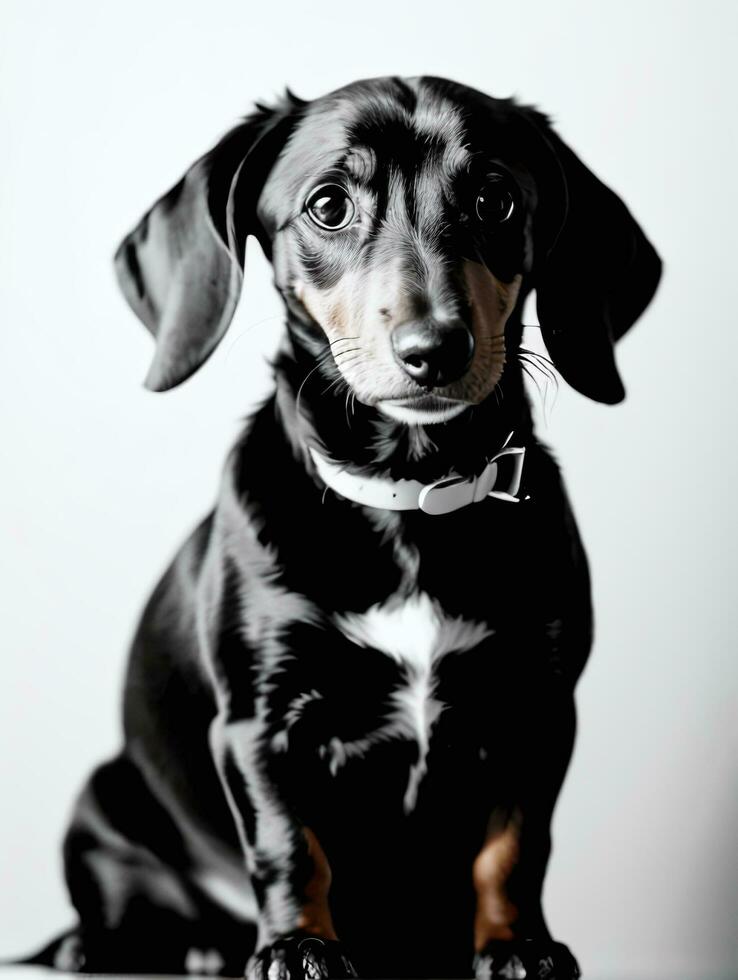 Happy Dachshund Dog Black and White Monochrome Photo in Studio Lighting