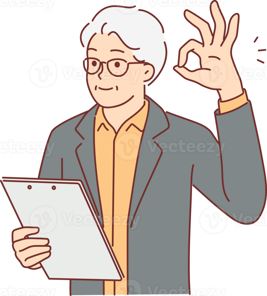 Elderly businessman showing OK gesture and holding clipboard checking work of subordinates png