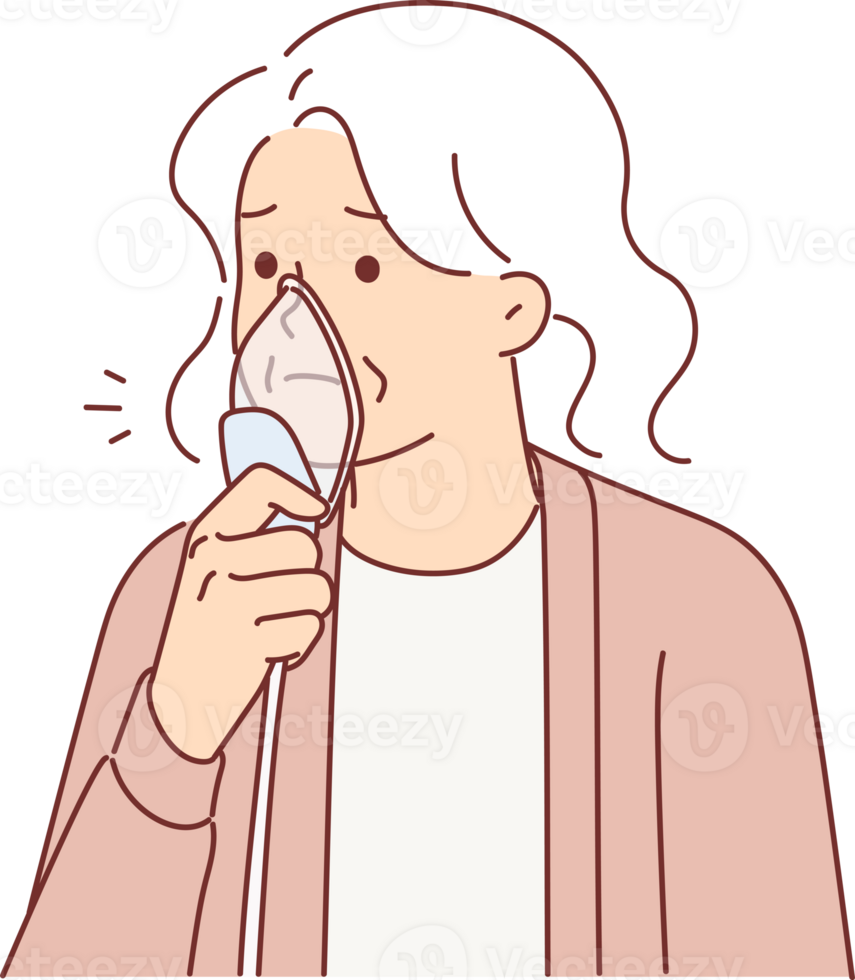Elderly woman with oxygen mask, stands using medical equipment for artificial ventilation of lungs png