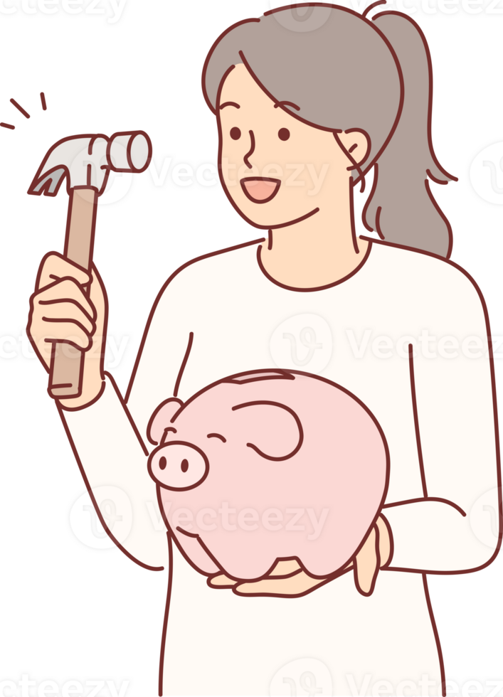 Woman holds hammer and piggy bank, wanting to get savings to buy new phone or car. png