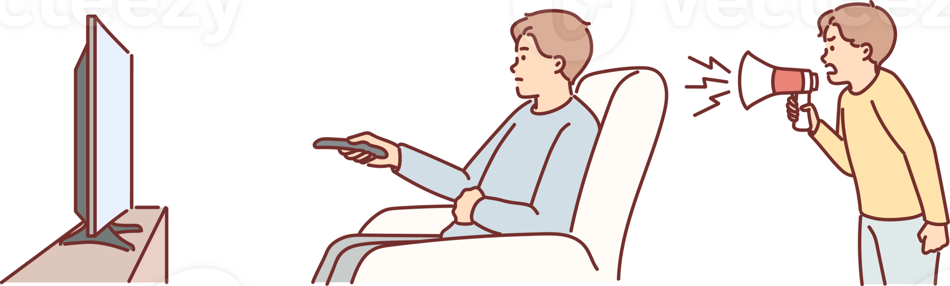 Irresponsible father watches tv, ignoring son screaming into megaphone and wanting to play with dad png