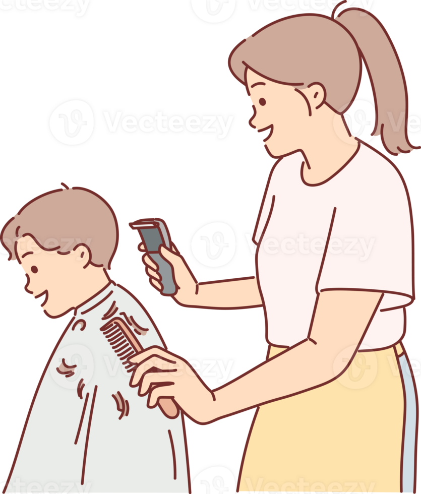 Woman children hairdresser cuts little boy hair and holds trimmer and comb in hands png