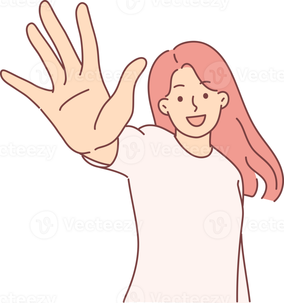 Happy woman holds out hand to screen and says hello and demonstrates number five with fingers png