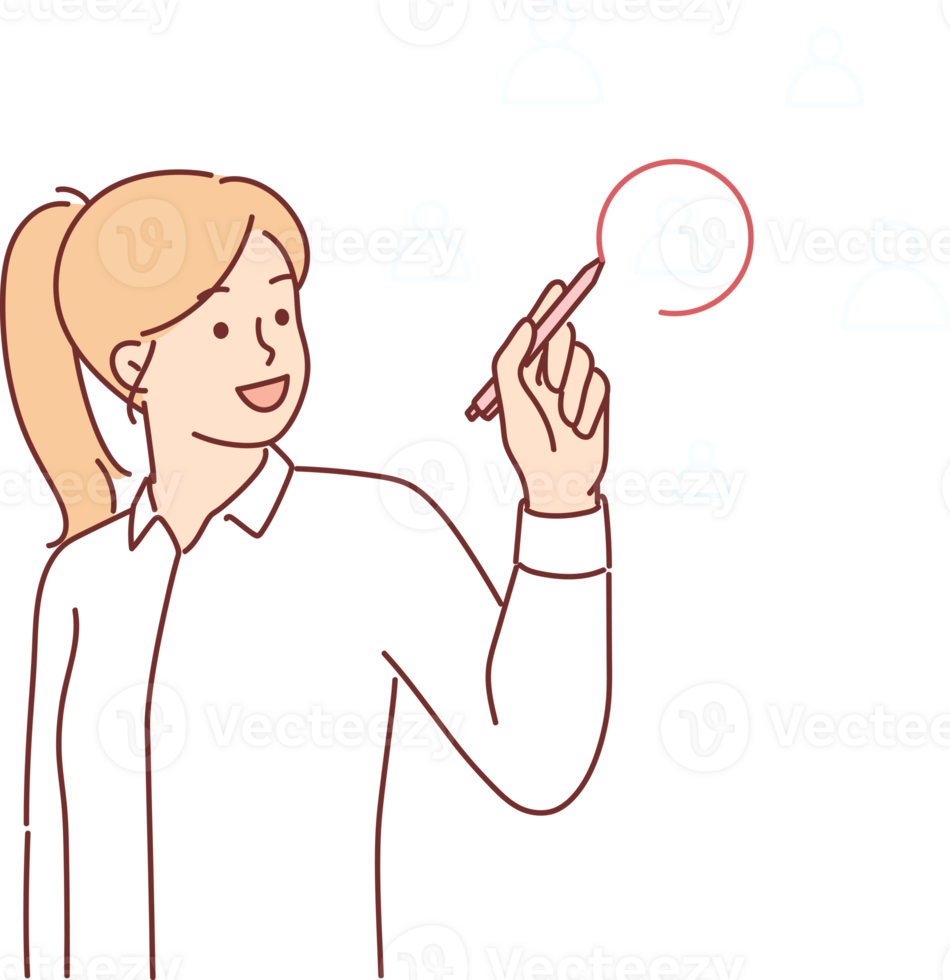Woman chooses one person from several drawn on digital pad, for concept social media communication png
