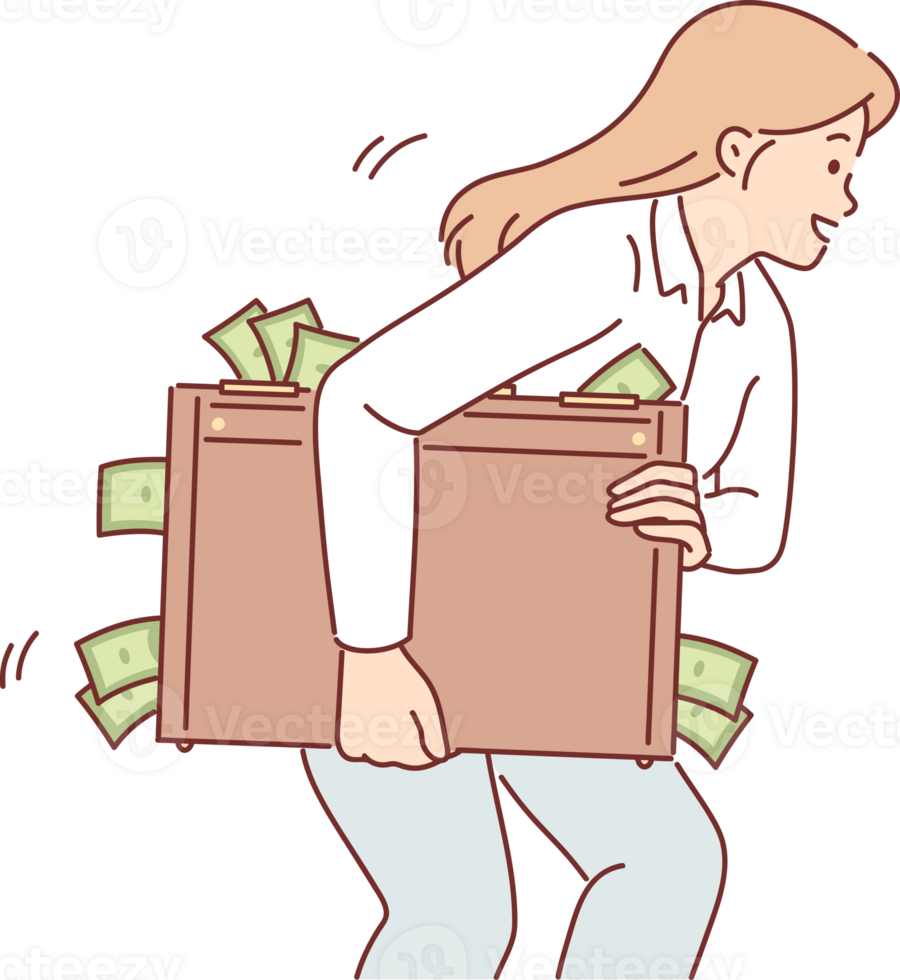 kvinna med resväska av pengar är påfrestande till döda och förskingra kontanter mottagen från olaglig handla png